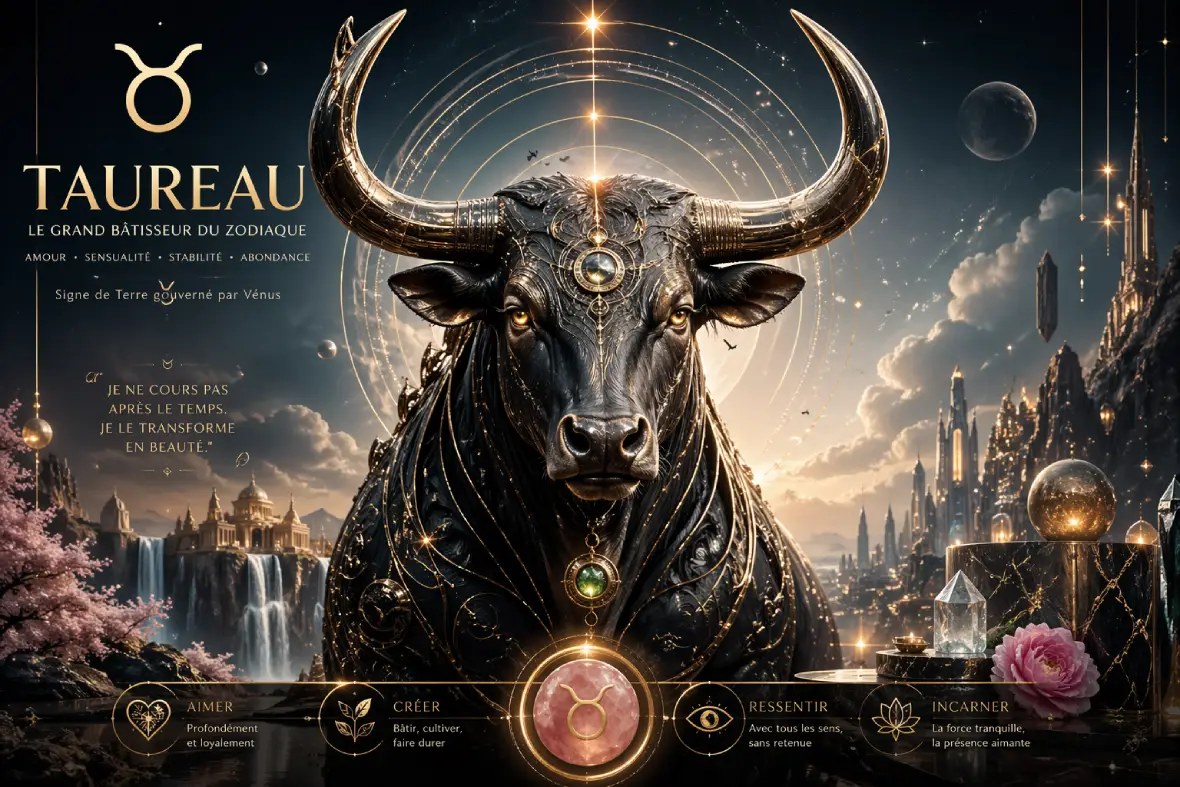 Taureau futuriste noir et or dans un temple cosmique, symbole de force tranquille, sensualité et ancrage astrologique.