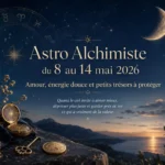 Bannière Astro Alchimiste du 8 au 14 mai 2026 avec lune, roue du zodiaque, ciel étoilé et petits trésors dorés.