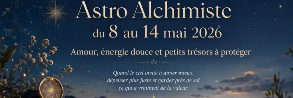 Bannière Astro Alchimiste du 8 au 14 mai 2026 avec lune, roue du zodiaque, ciel étoilé et petits trésors dorés.
