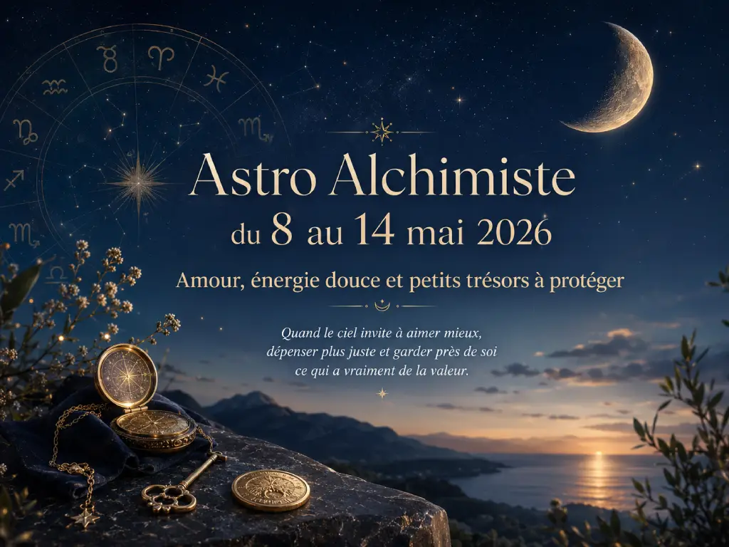 Bannière Astro Alchimiste du 8 au 14 mai 2026 avec lune, roue du zodiaque, ciel étoilé et petits trésors dorés.