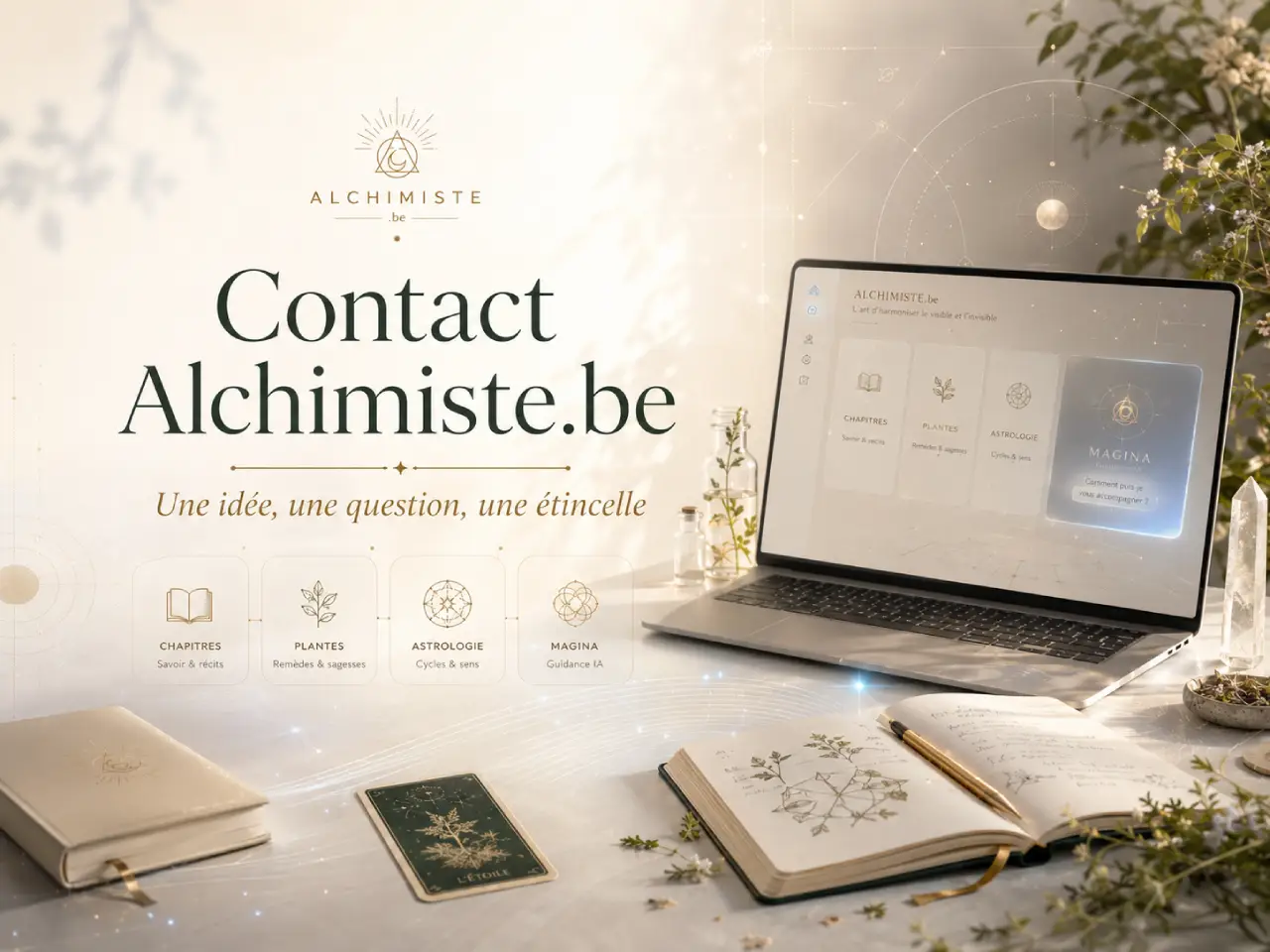 Bannière contact d’Alchimiste.be avec interface digitale, plantes, carnet, tarot et ambiance moderne d’alchimie douce.