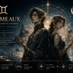 Bannière astrologique des Gémeaux avec un duo homme femme dans un univers céleste bleu nuit et doré.