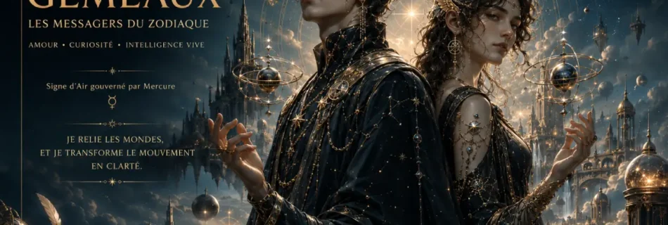 Bannière astrologique des Gémeaux avec un duo homme femme dans un univers céleste bleu nuit et doré.