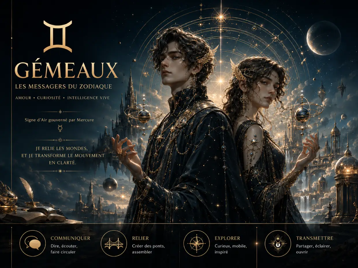 Bannière astrologique des Gémeaux avec un duo homme femme dans un univers céleste bleu nuit et doré.