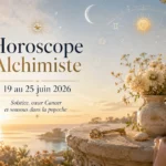 Bannière Horoscope Alchimiste du 19 au 25 juin 2026, avec soleil de solstice, lune, zodiaque et clé dorée.