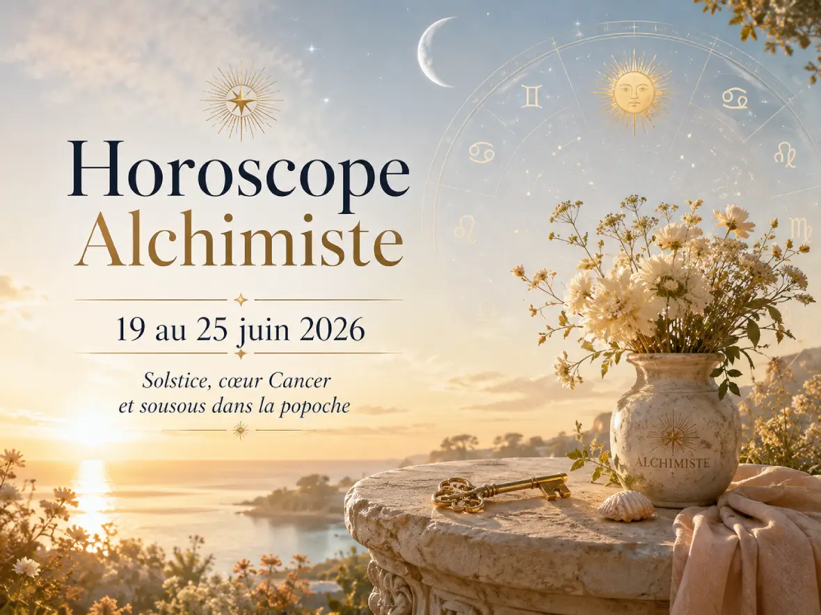 Bannière Horoscope Alchimiste du 19 au 25 juin 2026, avec soleil de solstice, lune, zodiaque et clé dorée.