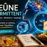 Bannière sur le jeûne intermittent avec cerveau lumineux, horloge 16/8, autophagie, métabolisme et alimentation équilibrée.