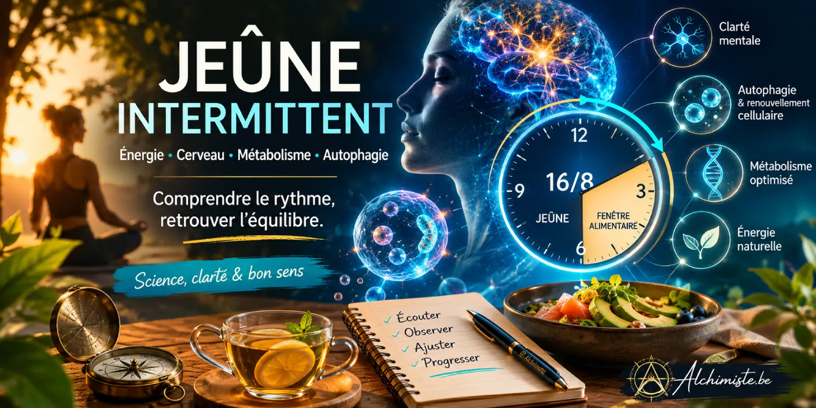 Bannière sur le jeûne intermittent avec cerveau lumineux, horloge 16/8, autophagie, métabolisme et alimentation équilibrée.