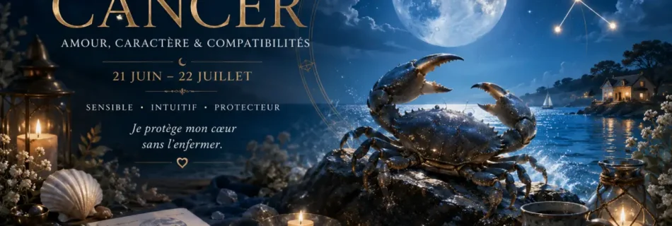 Bannière astrologique du Cancer avec crabe, pleine lune, mer nocturne et symboles dorés, pour un article sur l’amour et le caractère.