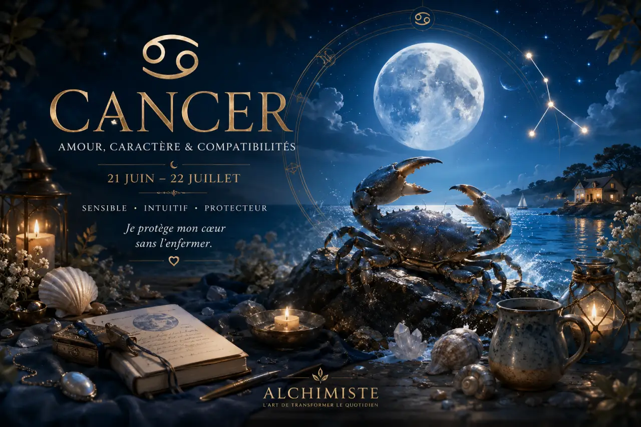Bannière astrologique du Cancer avec crabe, pleine lune, mer nocturne et symboles dorés, pour un article sur l’amour et le caractère.